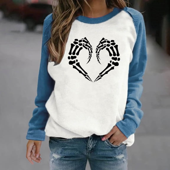 Fznquz Fall Blouses for Women Casual Crewneck Blue Oversized Sweatshirt Trendy Graphic Long Sleeve Shirts for Women