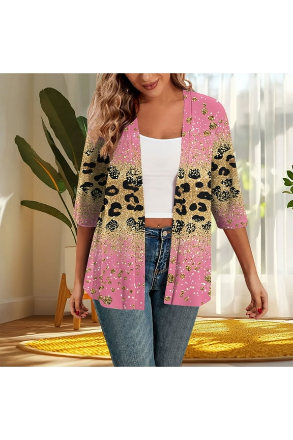 Fall Cardigans for Women 2025 Cardigan Lightweight Pink Sweaters 3/4 Sleeve Open Front Leopard Print Cover Up