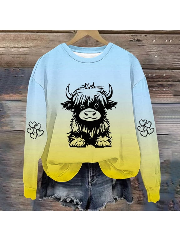 Fall Sweatshirts Women Yellow Cute Crewneck Sweatshirts Gradient Long Sleeve Animal Graphic Womens Fashion