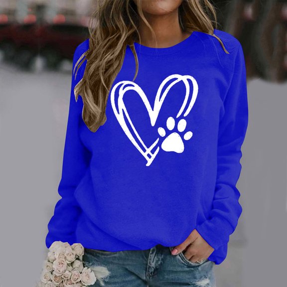 Fznquz Fall Winter Womens Shirts Long Sleeve Blue Loose Fitting Sweatshirts Casual Crewneck Dog Paw Print Women Blouses