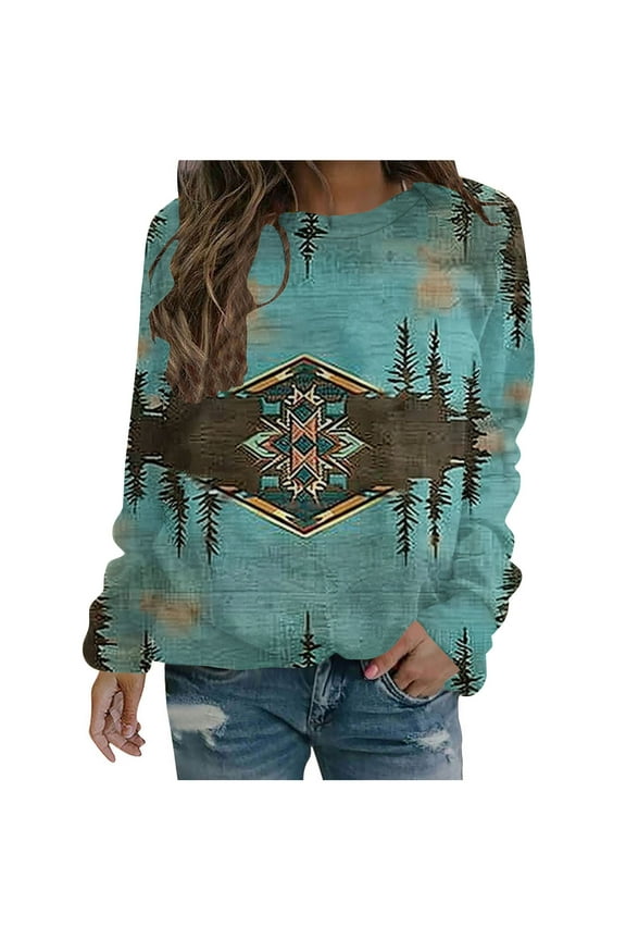 Fall Winter Womens Tops Aztec Western Tops Plus Size Graphic Casual Women's T-Shirts