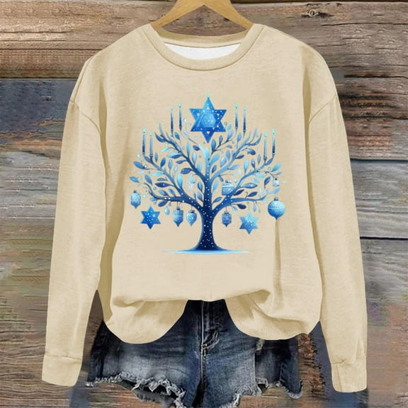 Fznquz Fall Winter Womens Work Tops Hanukkah Beige Crewneck Sweatshirts Trendy Casual Long Sleeve Women Tee Shirts