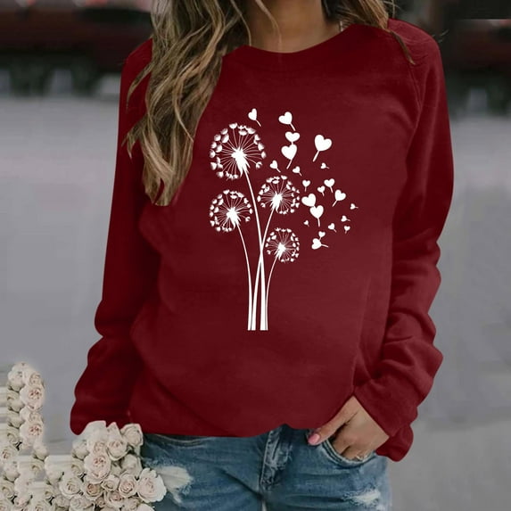 Fznquz Fall Womens Tops Under $10 Red Long Sleeve Graphic T Shirt Crewneck Casual Loose Womens Clothing