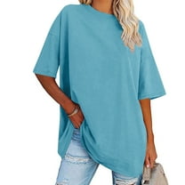 Fznquz Fashion Tops Womens Short Sleeve Casual Blue T Shirt Crew Neck Solid Color Plus Size Blouse Women