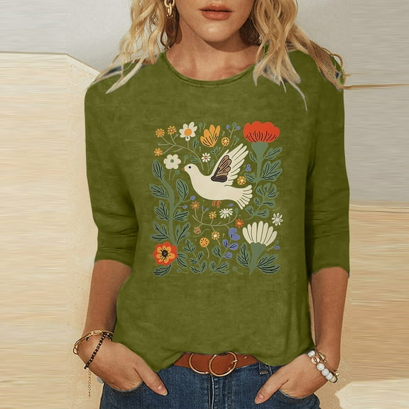 Fznquz Fashion Womens Work Tops 3/4 Sleeve Green Casual Shirts Summer Fall Crew Neck Summer Womens Work Blouse