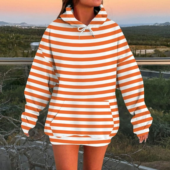 Fznquz Fashion Womens Work Tops Trendy Hooded Orange Sweatshirts Striped Long Sleeve 2025 Women's Tee Shirts