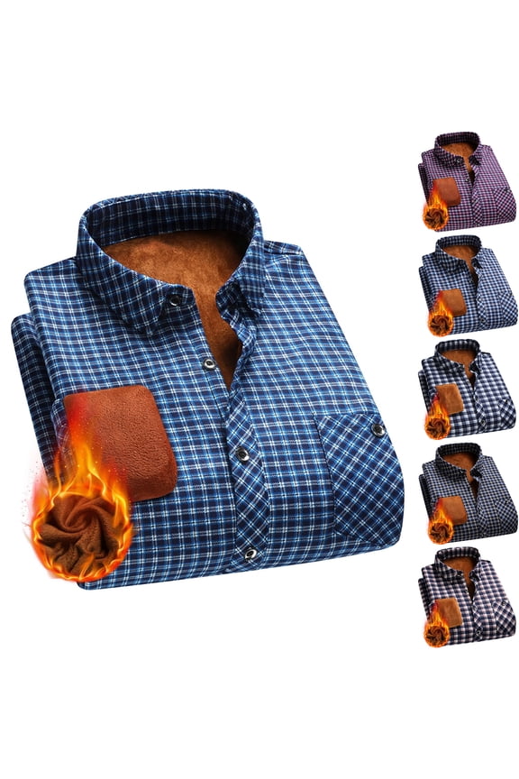 Fleece Lined Men's Big and Tall Shirt Plaid Blue Long Sleeve Shirt Button Down Collared Flannel Men's Fashion