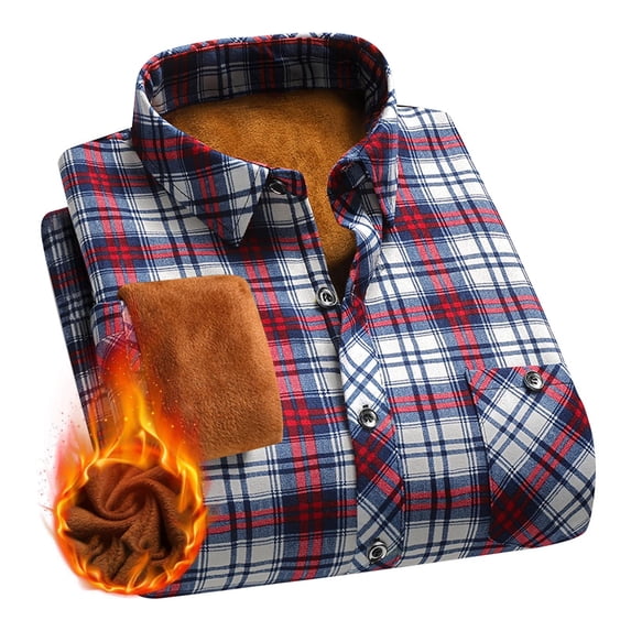 Fznquz Fleece Lined Mens Button Up Shirts Plaid Red Long Sleeve Shirt Flannel Winter Button Down Collared Men's Fashion