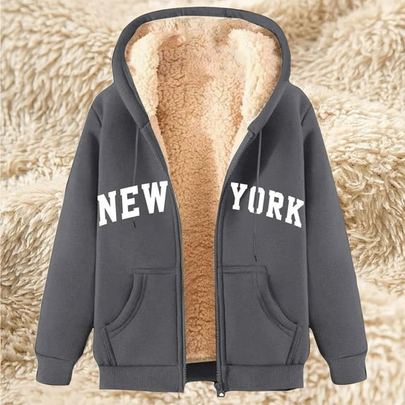 Fznquz Fleece Womens Hoodies under $10 Gray Long Sleeve Winter Jacket Hooded Graphic Warm Fashion