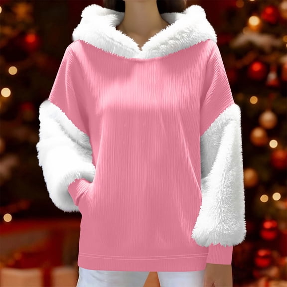 Fznquz Fleece Womens Work Blouses Pink Long Sleeve Fuzzy Shirts Pullover Hooded Winter Shirts,M