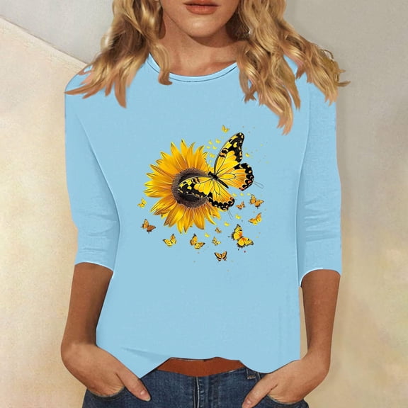 Fznquz Floral Blouse Women 3/4 Sleeve Blue Crew Neck Tees Spring Summer Soft Casual Womens Clothes L