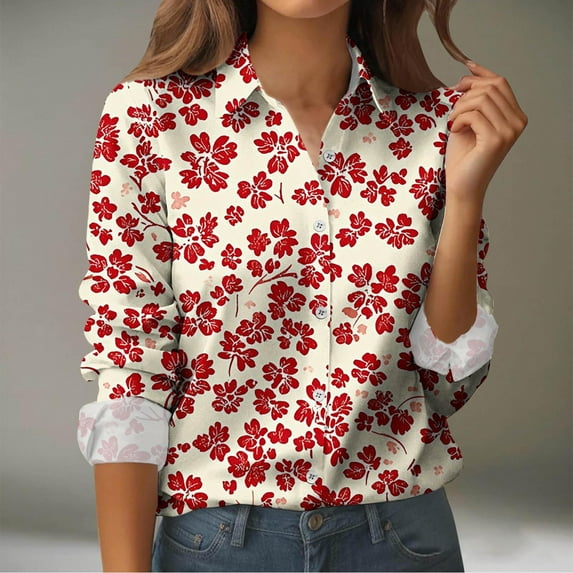 Fznquz Floral Blouses for Women Casual Button Down Dressy Shirts Red Fall Collared Long Sleeve Work Shirts for Women