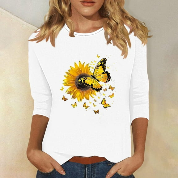 Fznquz Floral Oversized Shirts for Women Crew Neck White 3/4 Sleeve Tees Soft Spring Summer Casual Women Tops L