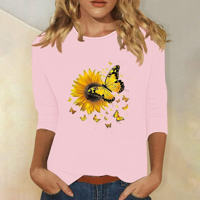 Fznquz Floral Women T-Shirt Pink 3/4 Sleeve Crew Neck Tees Casual
