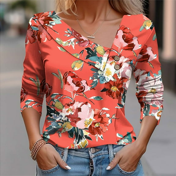 Fznquz Formal Casual Blouses for Women Orange Dressy Shirt Work Floral Long Sleeve Womens Tshirts