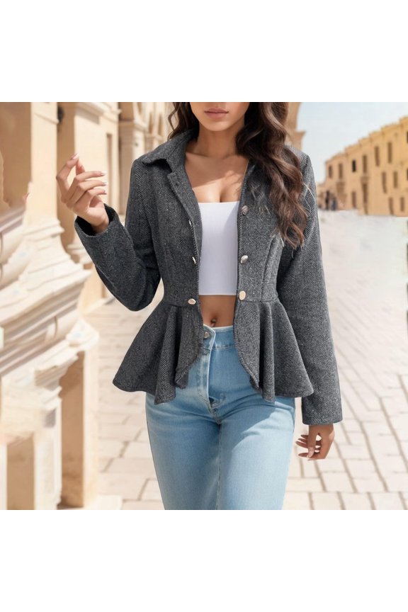 Formal Sweaters for Women Trendy Gray Button Down Dressy Overcoat Ruffle Hem Long Sleeve Fashion