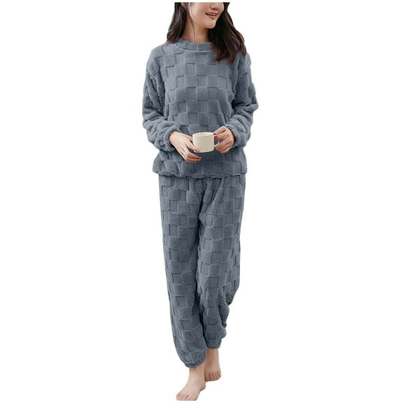 Fznquz Fuzzy Plus Size Pajamas for Women Fleece Winter Lounge Long Sleeve Soft Warm 2 Piece Matching Pj Set Women