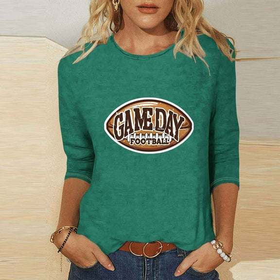 Fznquz Game Day T Shirt Women Crewneck Green 3/4 Sleeve Shirt Casual Sunday Funday Spring Fall Womens Tops XXXXXL
