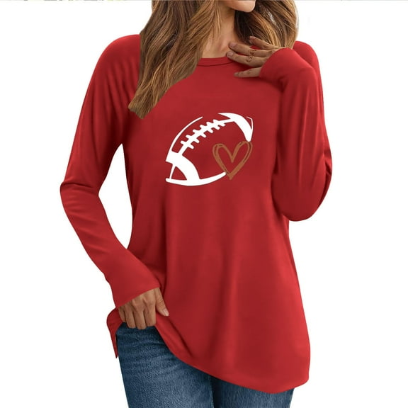 Fznquz Game Day Women's Tshirts Long Sleeve Casual Red Tops Sunday Funday Tunic Football Graphic Women Tops XL