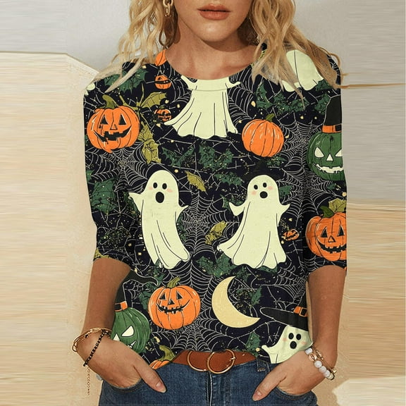 Fznquz Ghost 3/4 Sleeve T Shirts for Women Green Pumpkin Shirt Graphic Casual Crewneck Halloween Fall Clothing,L