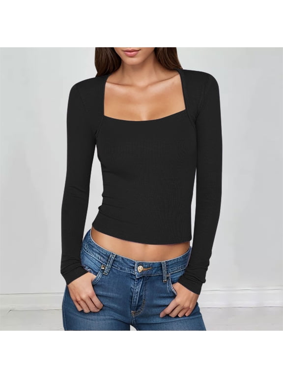 Going Out Shirt Women Slim Fit Cropped Black Tee Square Neck Sexy Trendy Long Sleeve Tops for Women S