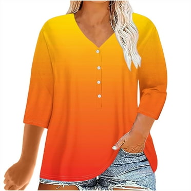 Fznquz Going Out Tops for Women Casual Loose Fit 3/4 Sleeve Yellow T Shirts Summer Button up Plus Size Blouses for Women Clearance Under $10