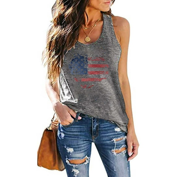 Fznquz Going Out Tops for Women 4th of July Independence Day American Flag Gray Crew Neck Sleeveless Soft Fashion Women's Tank Tops Plus Size