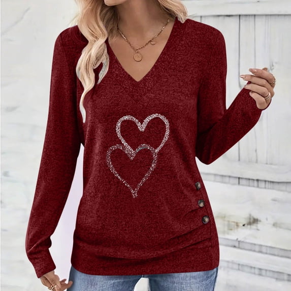 Fznquz Graphic Womens Blouses for Work Red V Neck Shirts Casual Loose Love Heart Long Sleeve Womens Tee Shirts,XXL