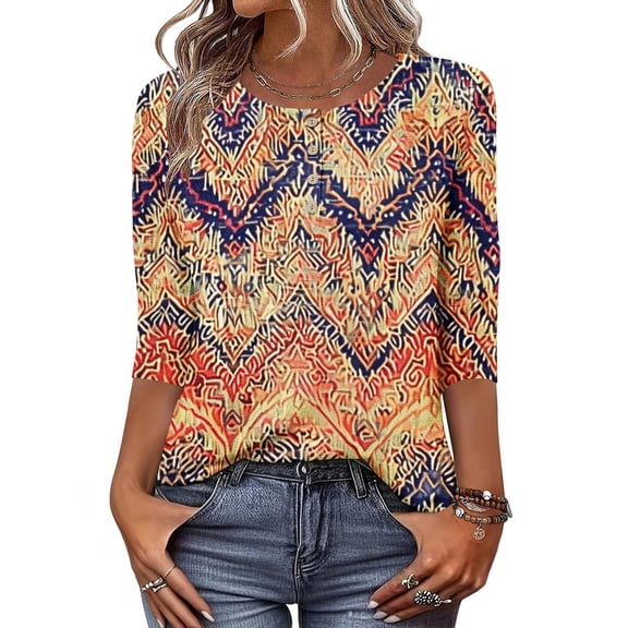 Fznquz Graphic Womens Fall Tops 3/4 Length Sleeve Orange Crewneck Shirts Casual 2025 Trendy Women Fashion,L