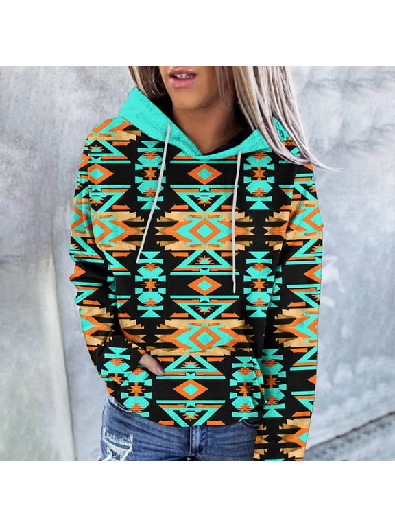Graphic Womens Plus Size Blouses Aztec Western Hoodies Winter Green Drawstring Fall Pocket Shirts for Women