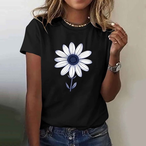 Fznquz Graphic Womens Spring Tops Casual Summer Tees Short Sleeve 2025 Black Round Neck Ladies Tops