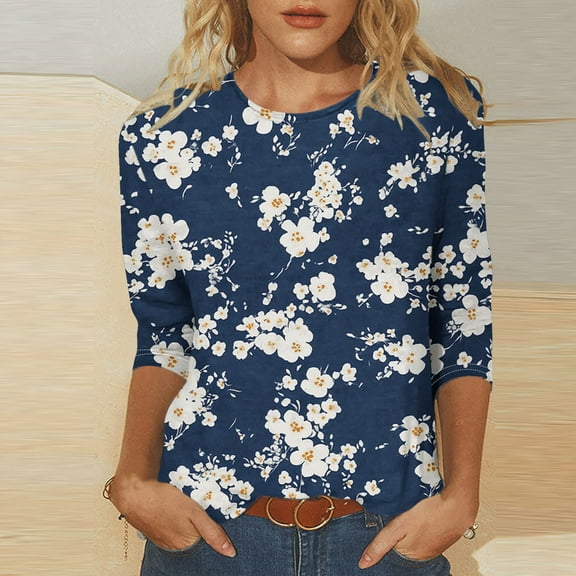 Fznquz Graphic Womens Tee Shirts 3/4 Sleeve Crew Neck Tops Fall Floral 2025 Casual Blouses,XXL