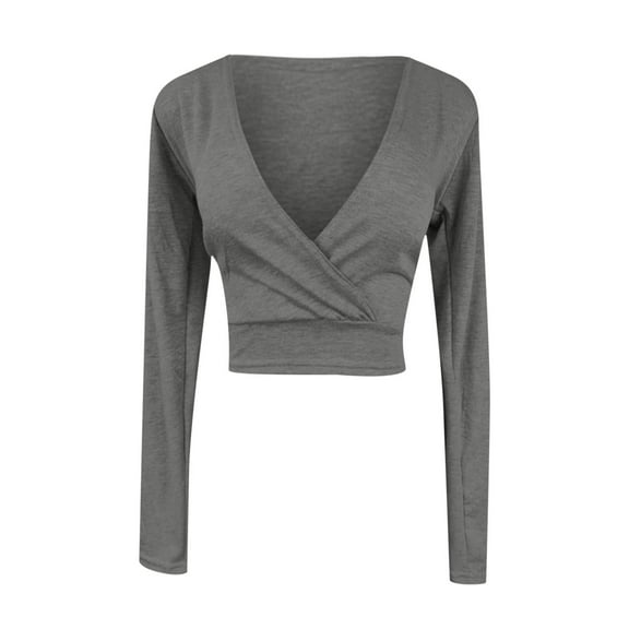 Fznquz Gray Dressy Blouses for Women Crop Wrap Shirt V Neck Long Sleeve Solid Color T Shirts for Women