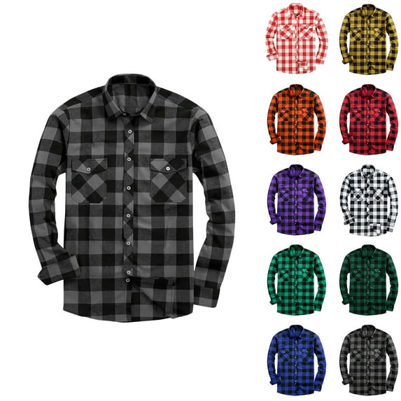 Fznquz Gray Men's Button Up Shirt Flannel Long Sleeve Button down Shirt Pocket Plaid Mens Clothes Trendy