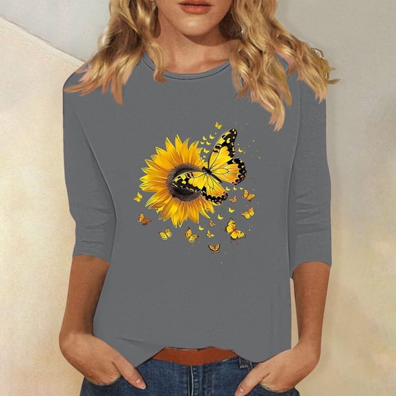 Fznquz Gray T Shirts for Women Floral 3/4 Sleeve Crew Neck Tees Spring Summer Soft Casual Tops Women XXXL