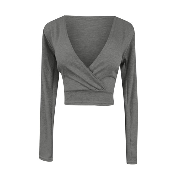 Fznquz Gray Womens Blouses Crop Wrap Dressy Shirt Long Sleeve Solid Color V Neck Shirts Women