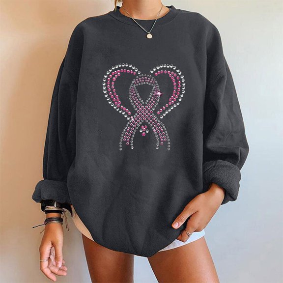 Fznquz Gray Womens Oversized Sweatshirt Breast Cancer Awareness Pullover Shirts Tunic Crewneck Long Sleeve Loose Fall Clothes