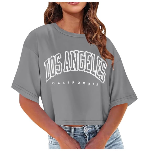 Fznquz Gray Womens Summer Tops Sexy Elbow Length Casual Shirt Crew Neck Crop Graphic Ladies Blouses