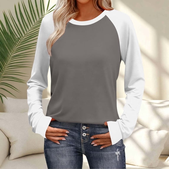 Fznquz Gray Womens Tops Casual Dressy Color Block Long Sleeve Shirts 2026 Crewneck Spring Work Shirts for Women,L