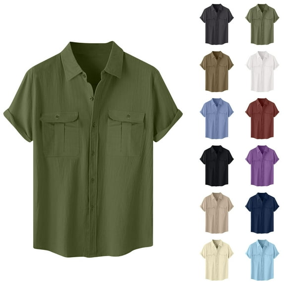 Fznquz Green Mens Button Up Shirt Short Sleeve Plain Cotton Linen Button down Shirt Soft Vintage Big and Tall Men Clothes