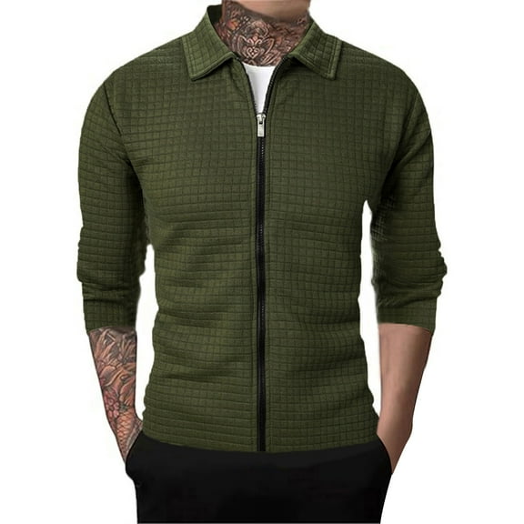 Fznquz Green Shirts for Men Long Sleeve Full Zip Collared Tees Shirts Fall Winter Plain Mens Winter Clothes