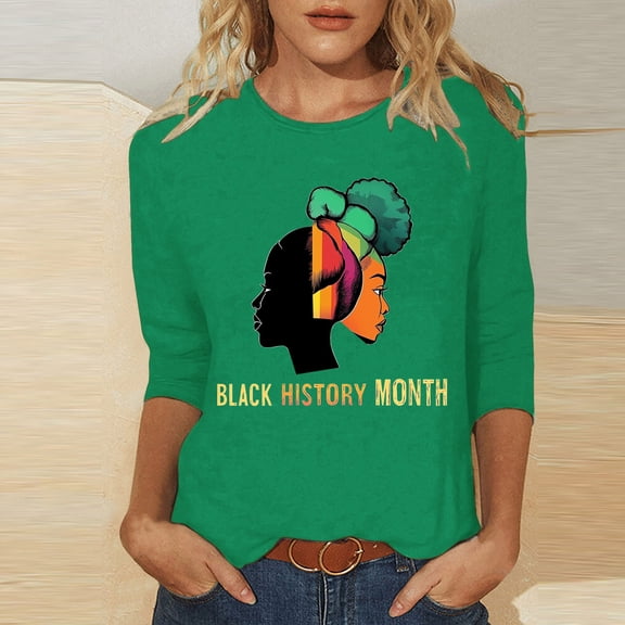 Fznquz Green Tops Women 3/4 Length Sleeve 2025 Plus Size T Shirt Black History Month Fashion Crewneck Ladies Blouse