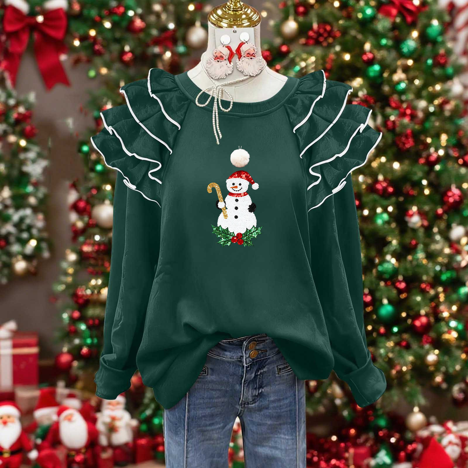 Fznquz Green Women Blouse Crew Neck Long Sleeve Blouse Casual Trendy ...