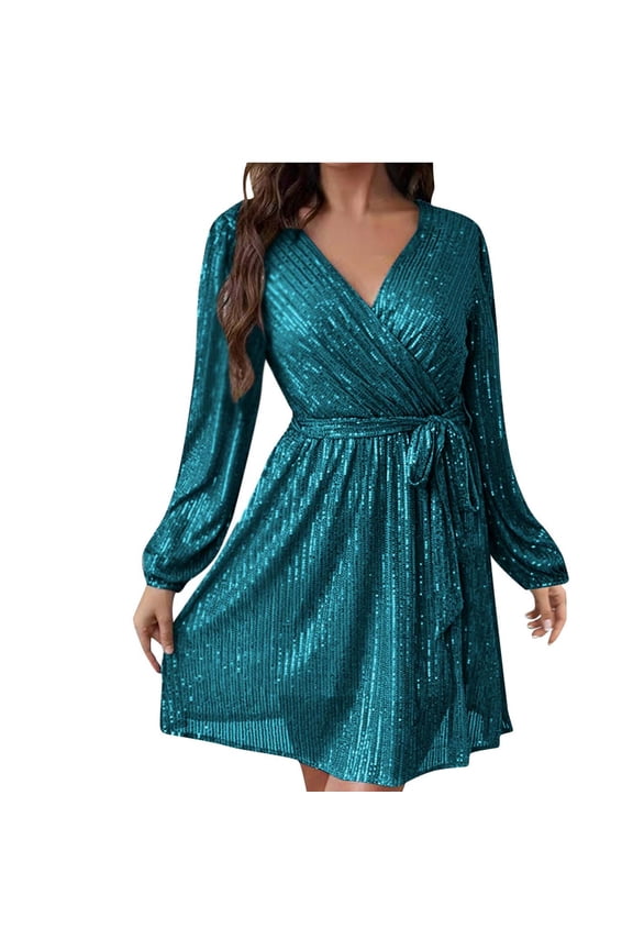 Green Womens Summer Dresses Party Fashion Elegant Cocktail Elastic Wasit Sequin Wrap V Neck Dress Summer,S