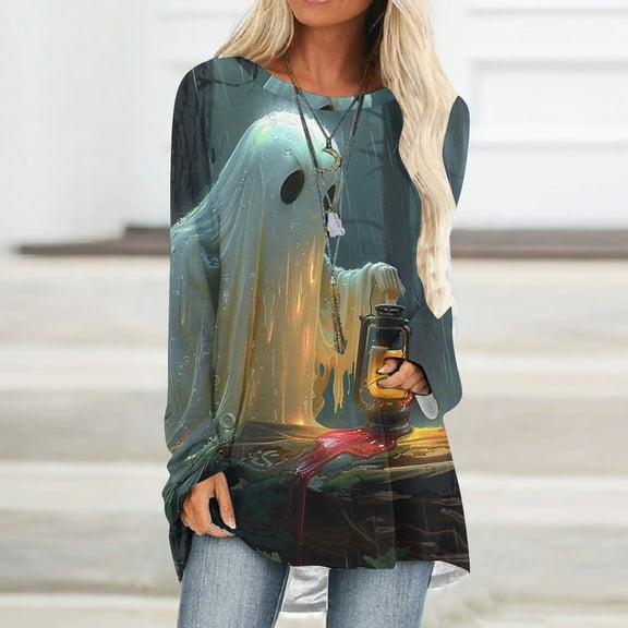 Fznquz Halloween Blouse for Women Crewneck Tunic Tops Long Sleeve Cute Graphic Fashion