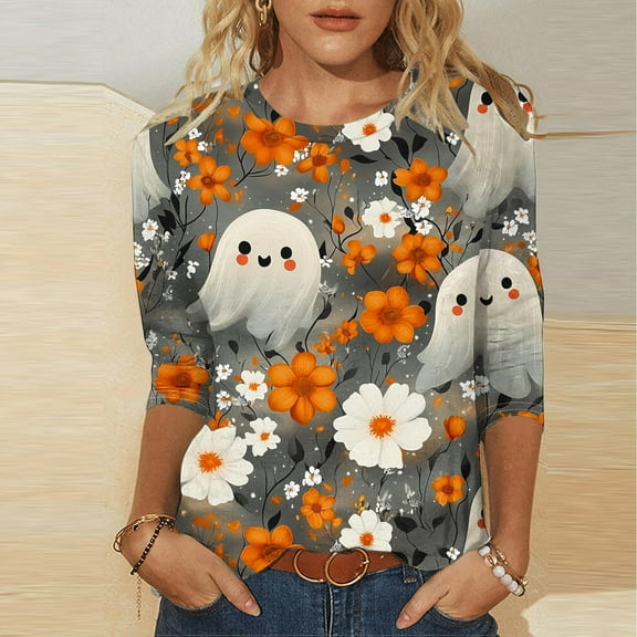 Fznquz Halloween Tee Shirts Womens 3/4 Sleeve Gray Ghost T Shirts Graphic Casual Crewneck Tops,L