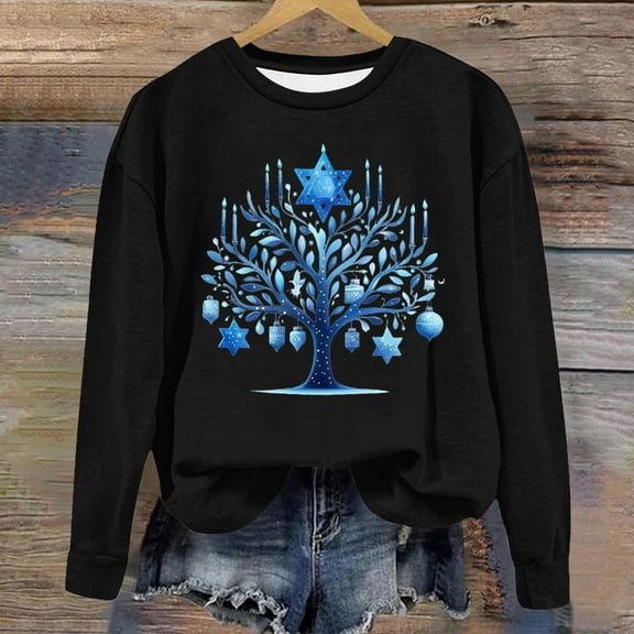 Fznquz Hanukkah Blouses for Women Black Winter Crewneck Sweatshirts Long Sleeve Trendy Casual Womens Fall Fashion