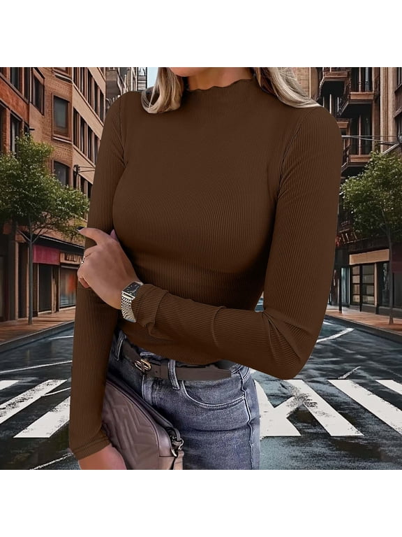 High Neck Plus Size Blouses for Curvy Women Knit Fitted Brown Tee Turtleneck Slim Fit Long Sleeve Womens Clothes 2026,XXL