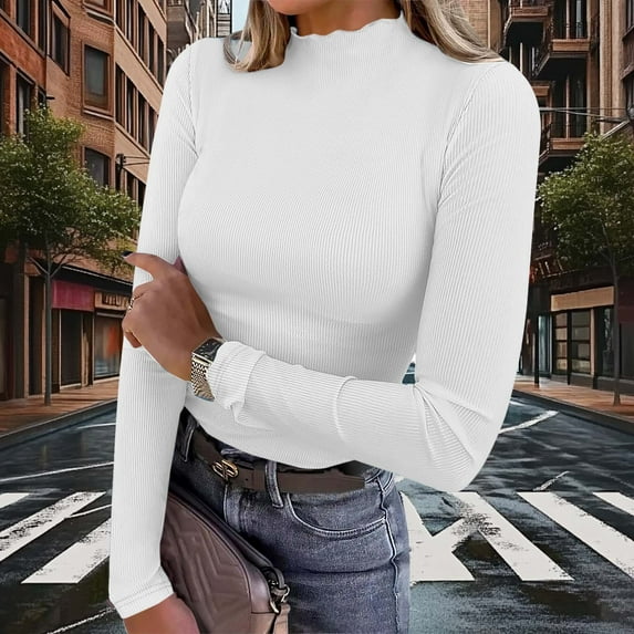 Fznquz High Neck Women T Shirt Trendy White Knit Fitted Blouses Turtleneck Slim Fit 2026 Long Sleeve Women's T-Shirts,L