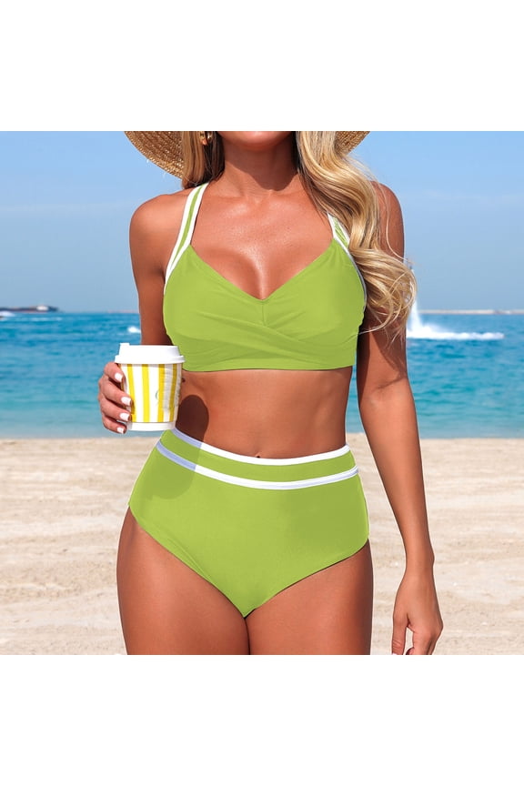 High Waisted Womens Bikinis 2 Piece Tummy Control Bathing Suit Cross Back Tie 2026 Color Block Balconette Bathing Suits L